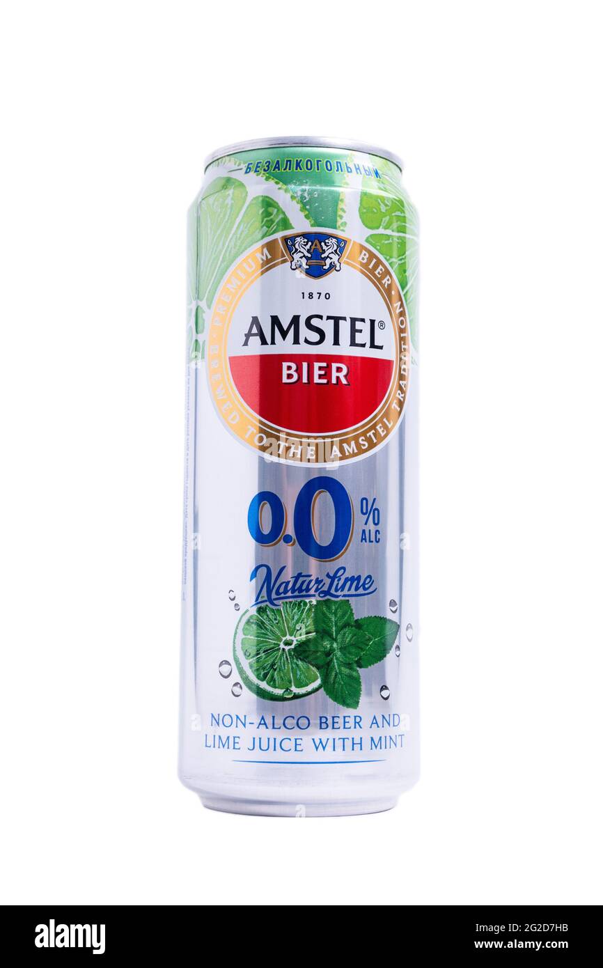 Tyumen, Russia-May 25, 2021: Amstel beer can non-alcoholic with lime and mint. Isolated on a white background Stock Photo
