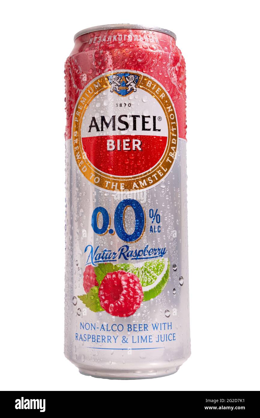 Tyumen, Russia-May 25, 2021: Amstel beer can non-alcoholic with lime and raspberries. Isolated on a white background Stock Photo