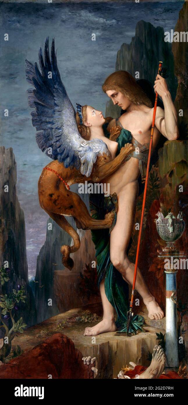Oedipus and the Sphinx. Painting by Gustave Moreau, oil on canvas, 1864 Stock Photo