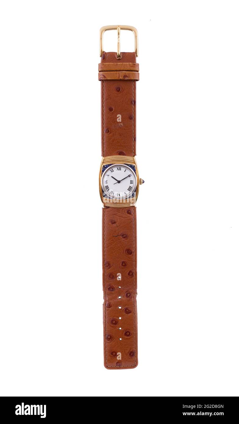 Vertical shot of a watch with brown leather straps isolated on a white ...