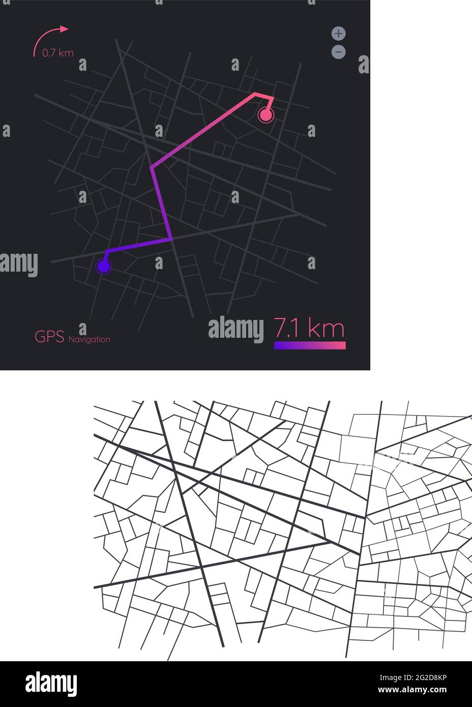 Map GPS navigation. City street map with pins. Route dashboard app ...