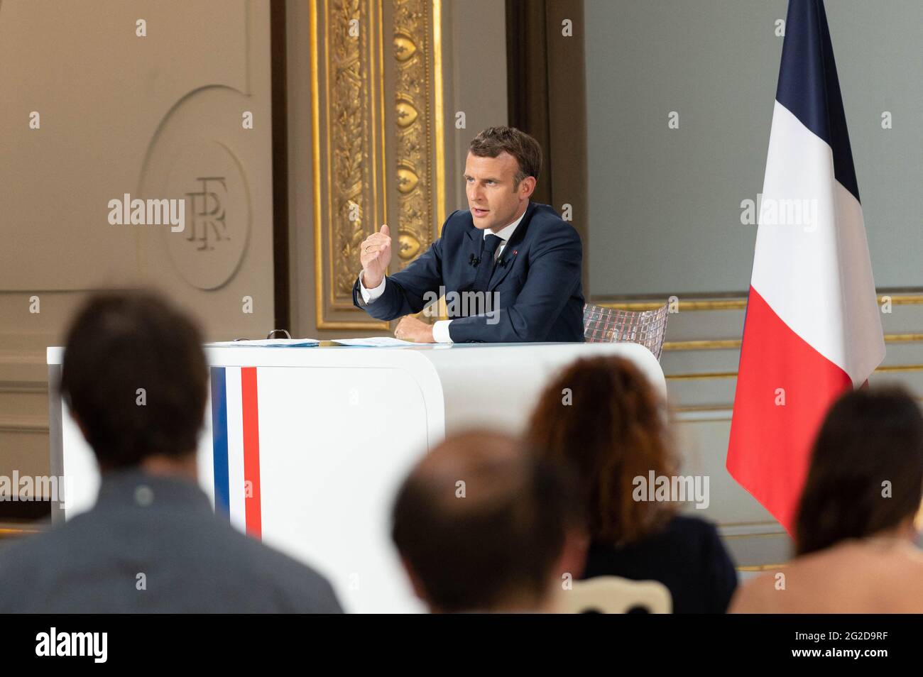 Paris, France. 10th June 2021. French President Emmanuel Macron answers journalists' questions during a press conference ahead of the G7 Summit, at the Elysee Presidential Palace in Paris, France on June 10, 2021. Photo by Jacques Witt/Pool/ABACAPRESS.COM Credit: Abaca Press/Alamy Live News Stock Photo