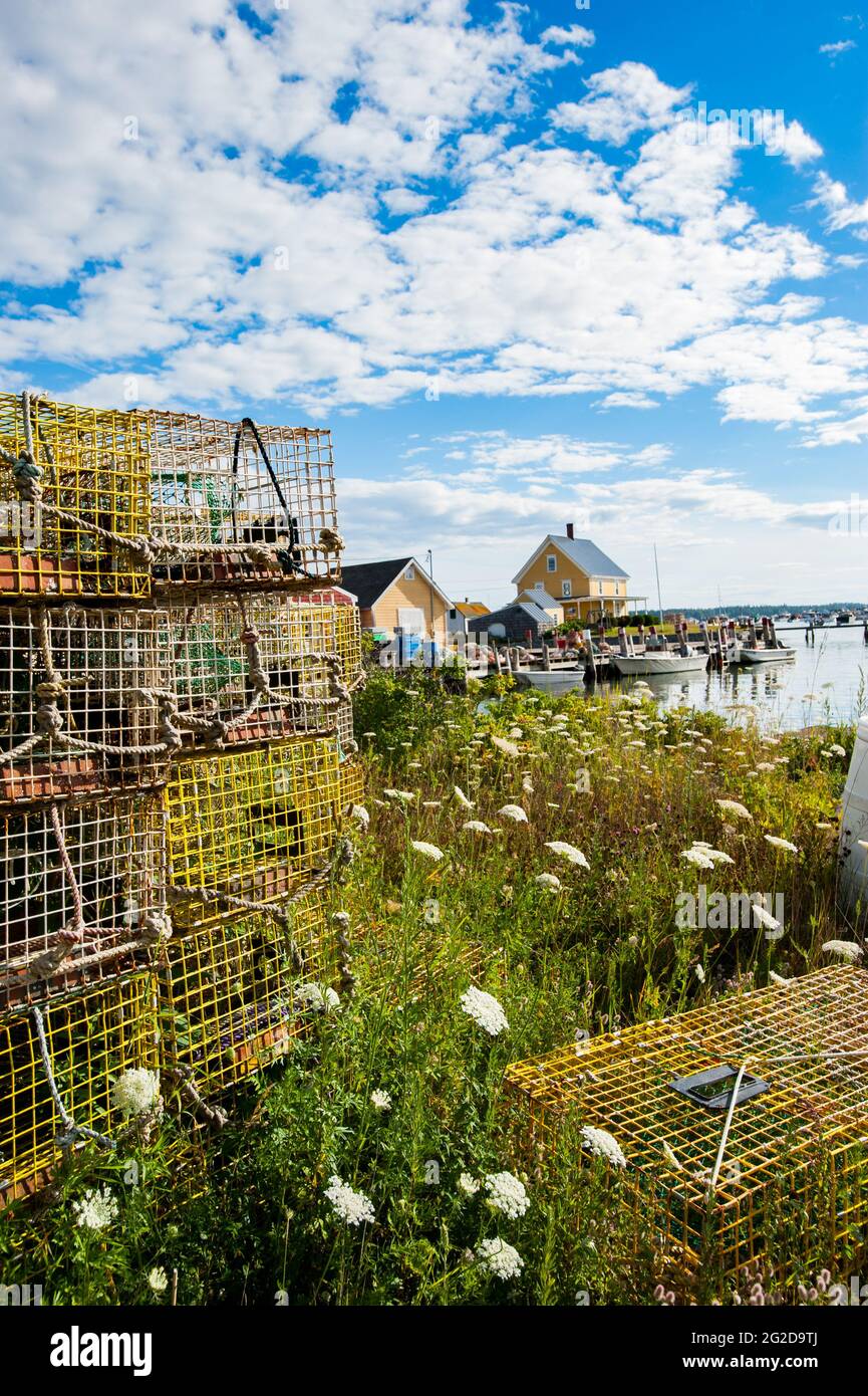 Lobster Traps on Shoreline, Carvers Harbor, Vinalhaven, Vinalhaven Island, Maine, USA Stock