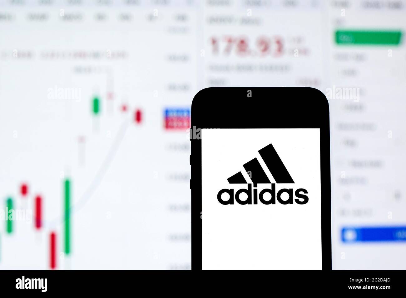 In this photo illustration an Adidas logo displayed on a smartphone with the market information Adidas in the background Stock Photo - Alamy