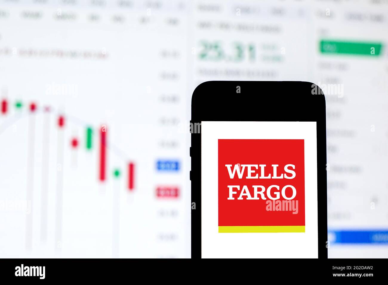 Spain. 10th June, 2021. In this photo illustration a Wells Fargo logo seen displayed on a smartphone with the stock market information of Wells Fargo in the background. (Photo by Thiago Prudencio/SOPA Images/Sipa USA) Credit: Sipa USA/Alamy Live News Stock Photo