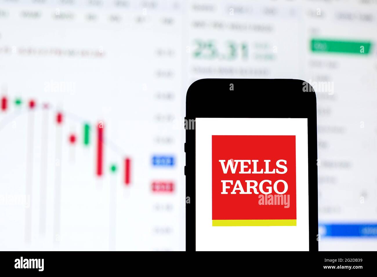 Spain. 10th June, 2021. In this photo illustration a Wells Fargo logo seen displayed on a smartphone with the stock market information of Wells Fargo in the background. Credit: Thiago Prudencio/SOPA Images/ZUMA Wire/Alamy Live News Stock Photo