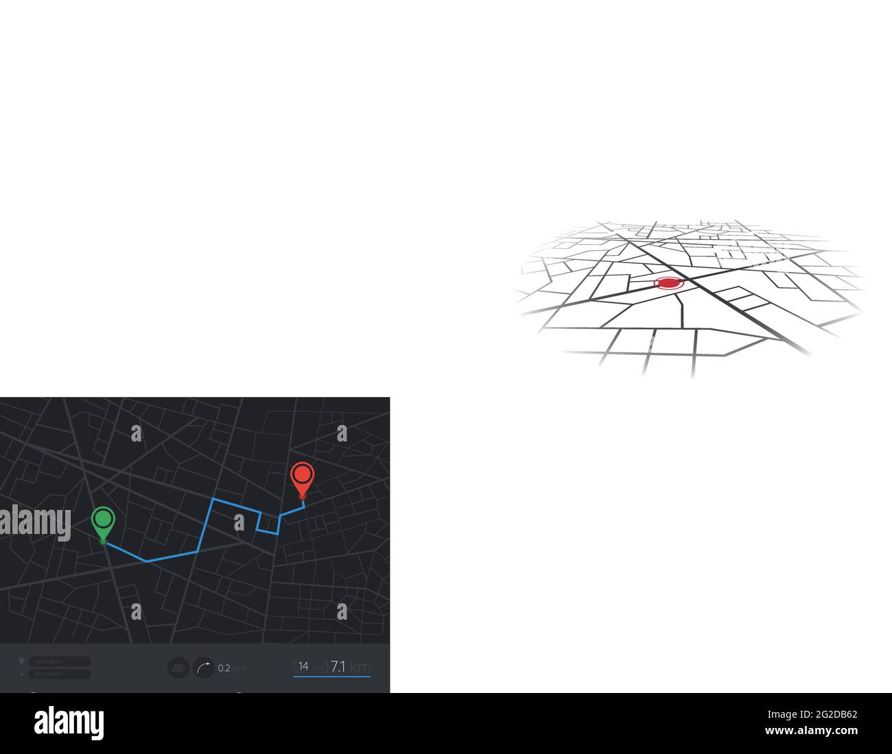 Map GPS navigation. City street map with pins. Route dashboard app ...