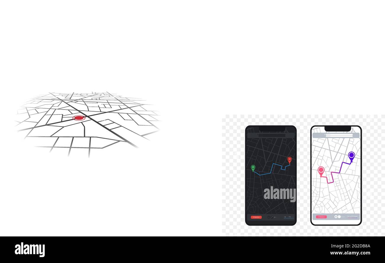 Map GPS navigation. City street map with pins. Route dashboard app ...