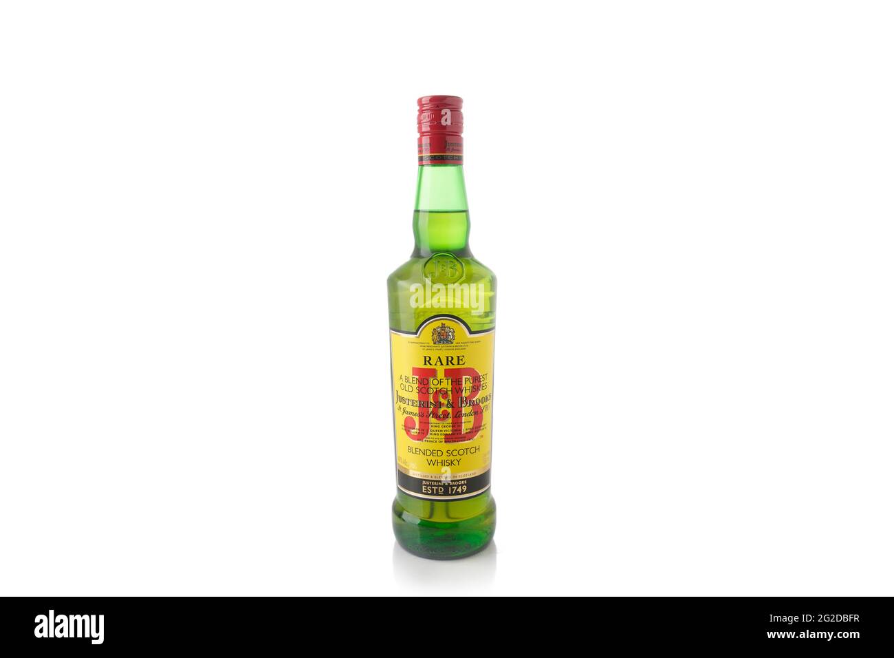 J&B whiskey bottle on white background. Alcoholic beverage. Scottish