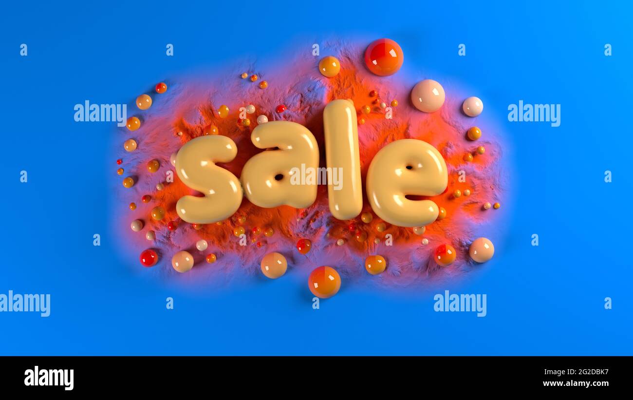 sale bright glossy letters on a blue abstract background with spheres and mountains. 3d illustration. Stock Photo