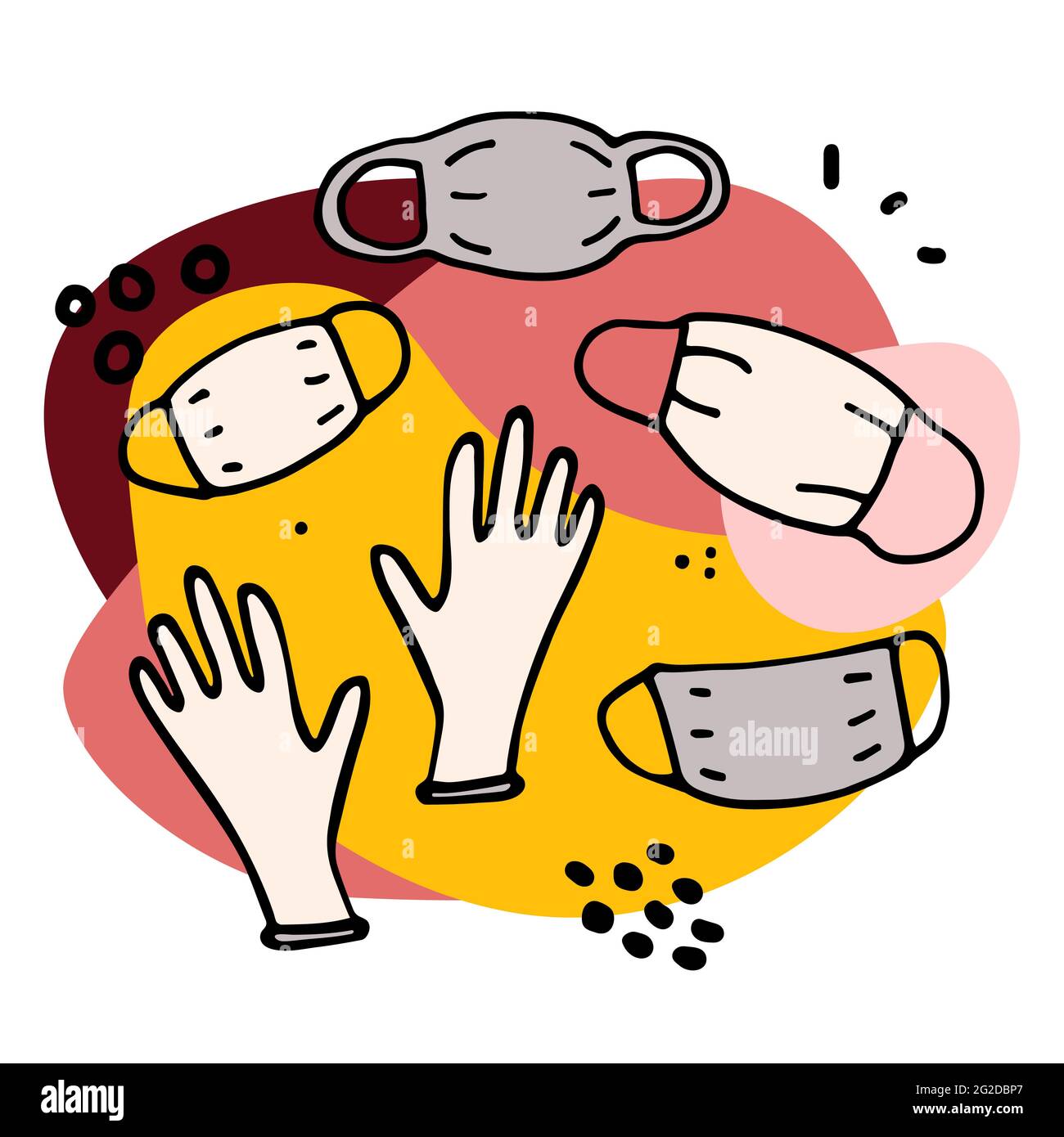 Medical protective doodle set. Handdrawn masks, gloves. Means of Hand
