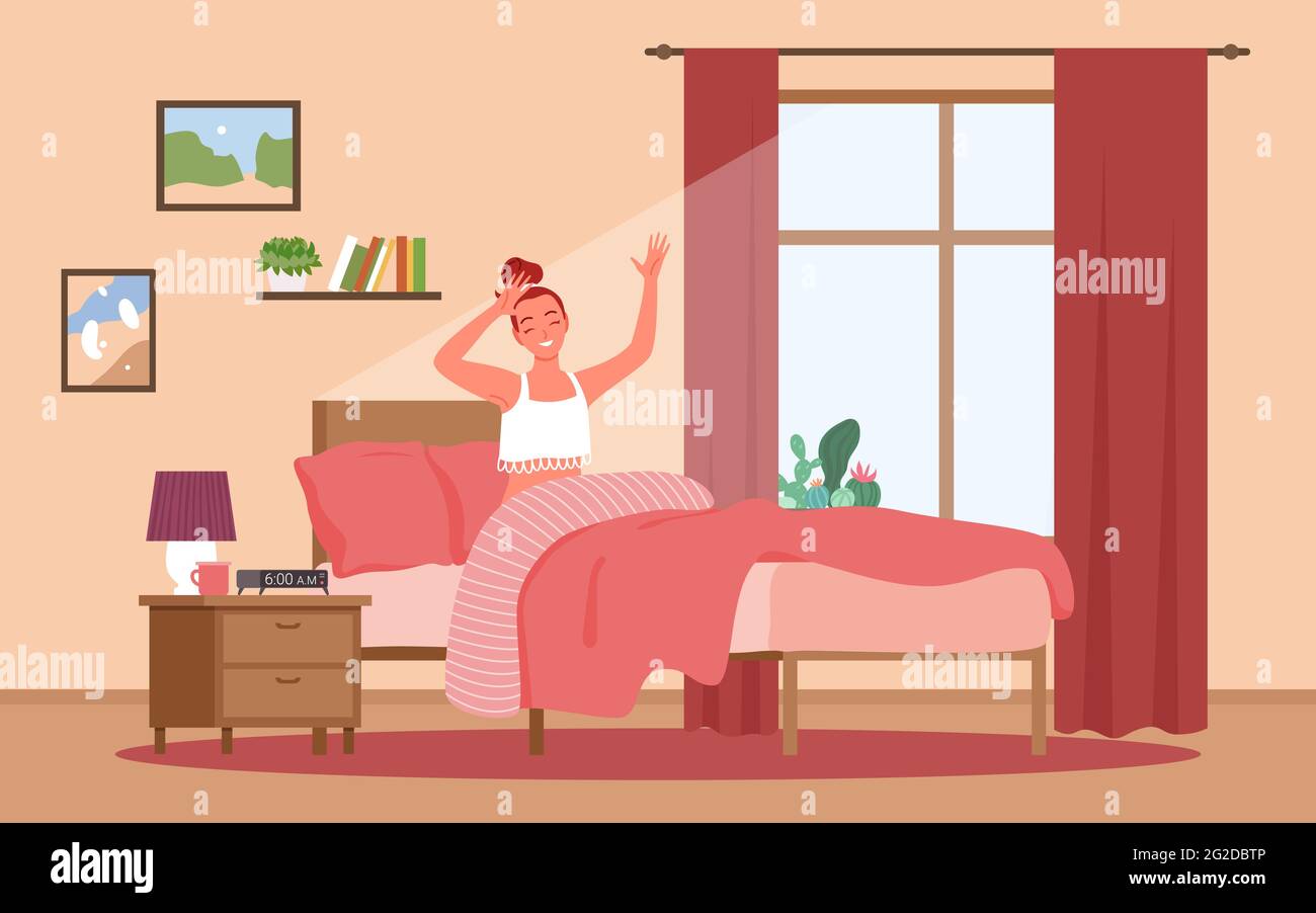 Happy awakening in morning, lifestyle daily routine, girl sitting in bed in home bedroom Stock Vector