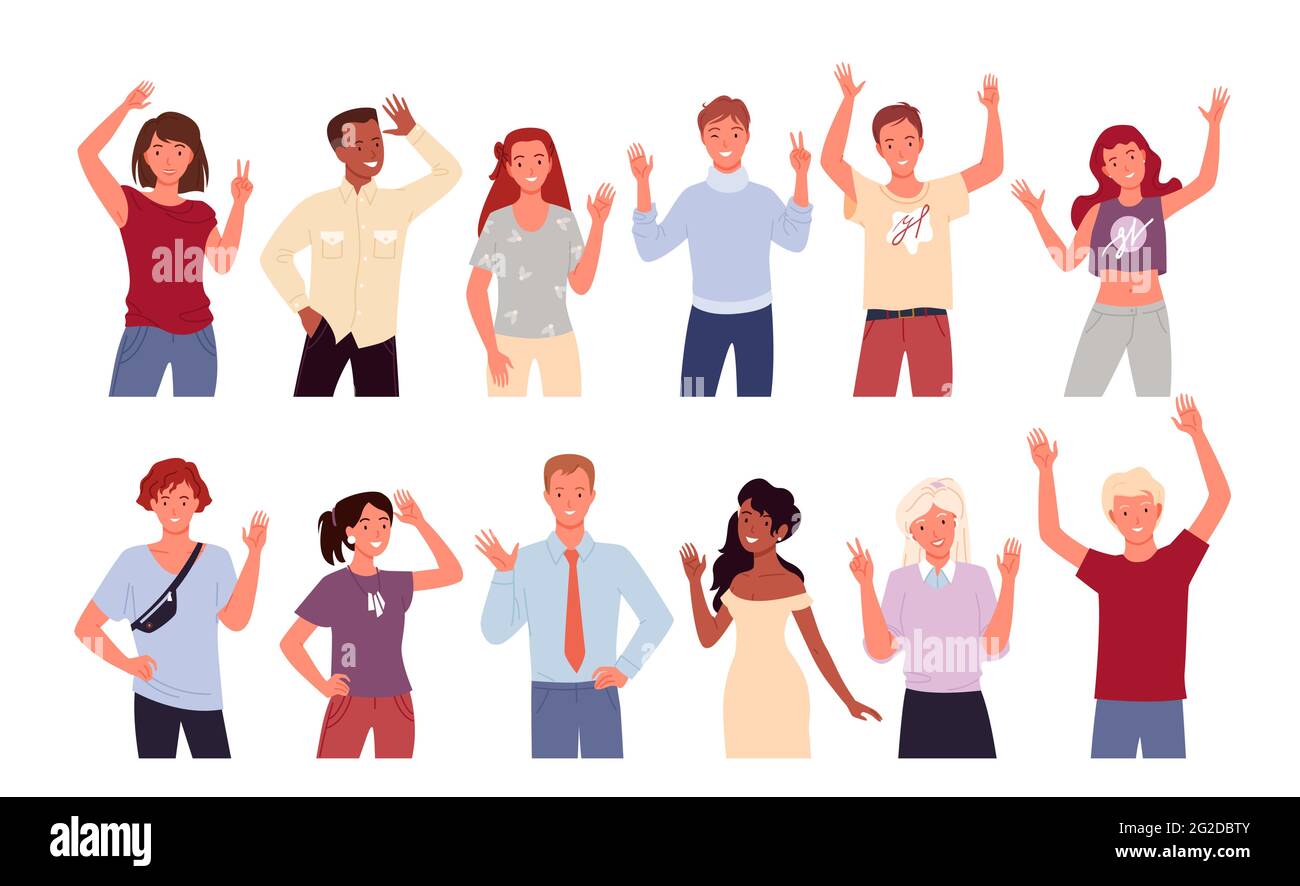 People greeting and waving hand set, diverse happy young man woman with welcome gesture Stock Vector