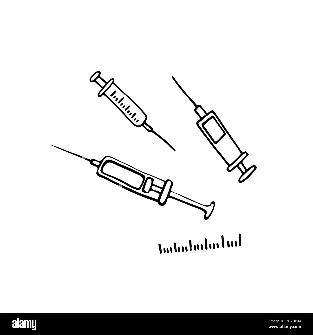 Medical set. Doodle syringes for influenza vaccination, disease, prevention, healthcare, injections, tests. Vector illustration with pharmaceutical ha Stock Vector