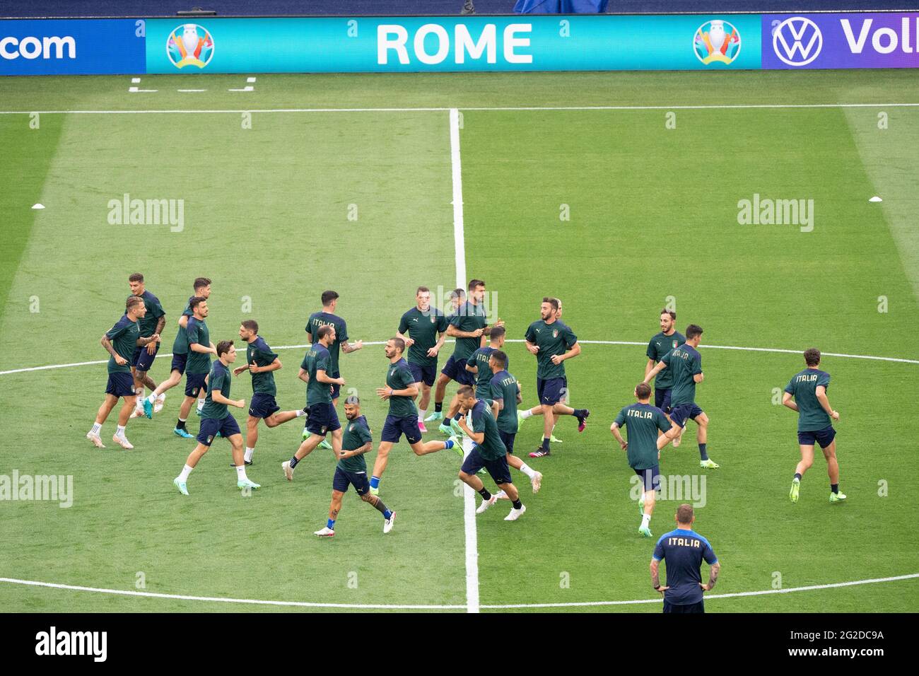 Rome, Italy. 10th June, 2021. Football: European Championship, Italy national team, training at the Olympic Stadium in Romee. The players of Italy are warming up. Credit: Matthias Balk/dpa/Alamy Live News Stock Photo