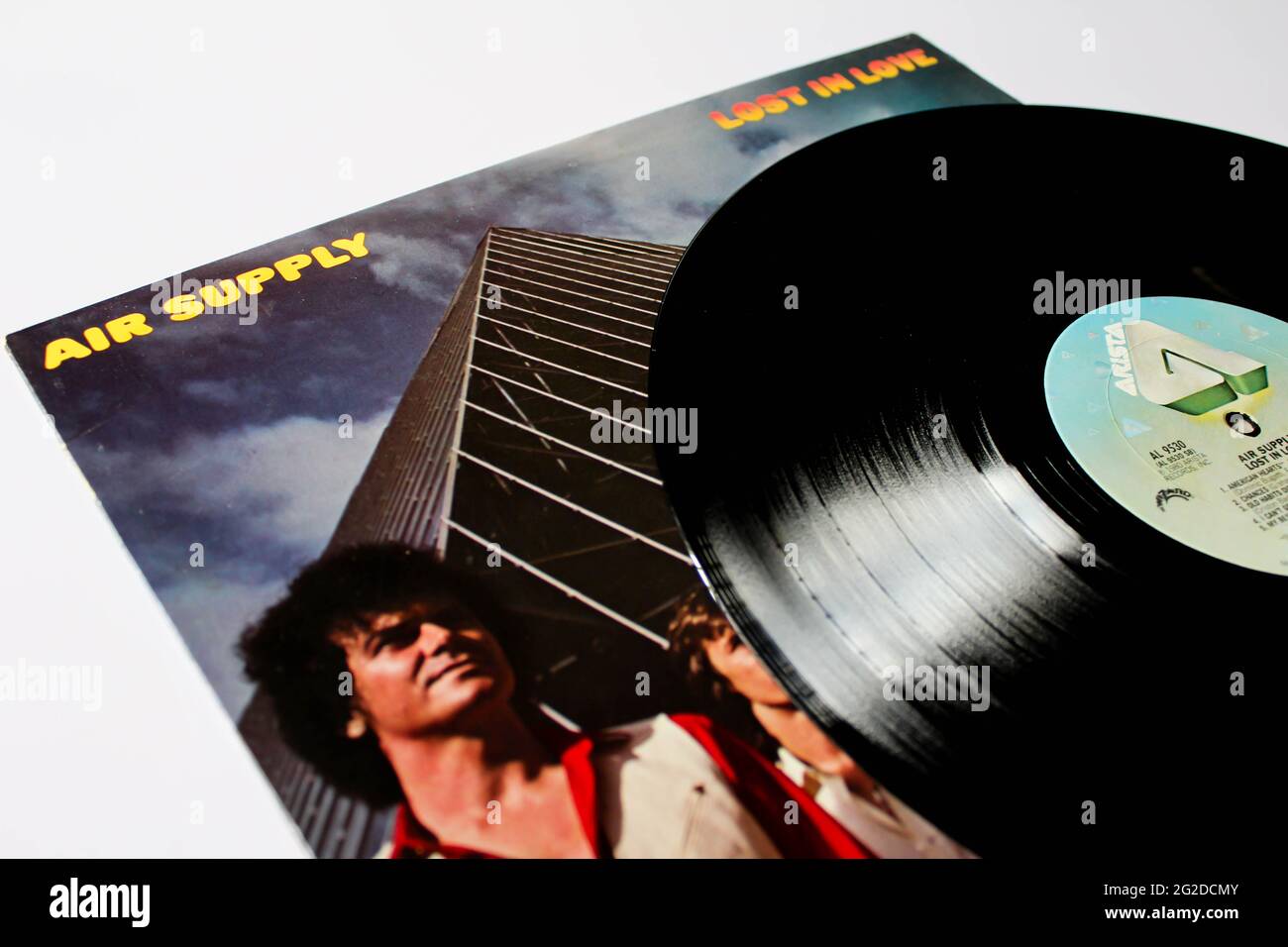 Australian Pop band, Air Supply music album on vinyl record LP disc. Titled: Lost in love album cover Stock Photo