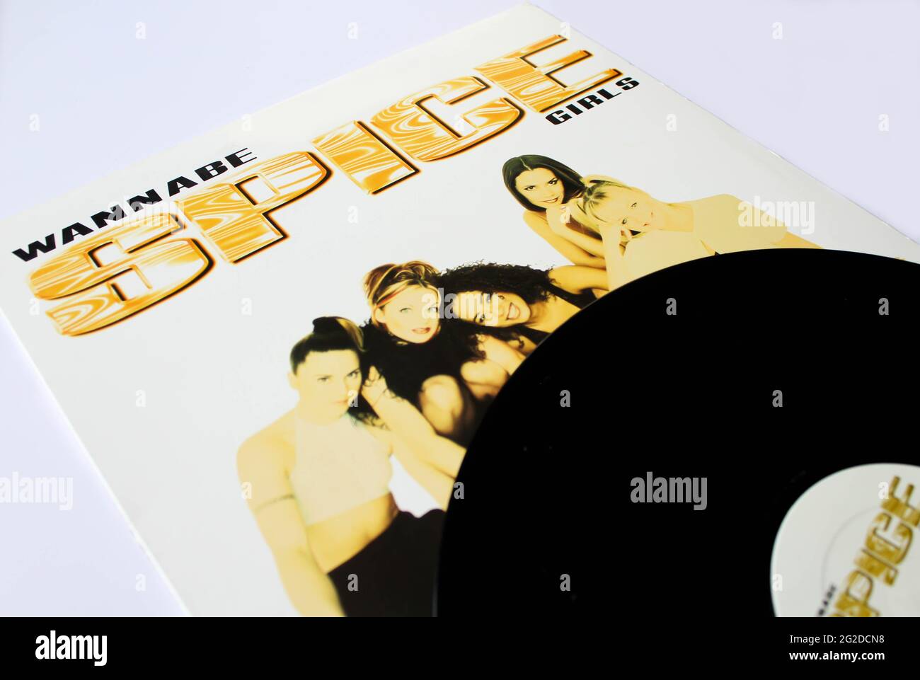 The Spice Girls are an English pop girl band group formed in 1994. Music album on vinyl record LP disc. Titled: Wannabe album cover Stock Photo