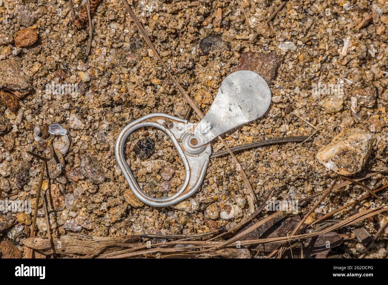 Old style pull tab from a soda or beer can laying upside down on the beach at the lake polluting the environment on a bright sunny day in springtime c Stock Photo