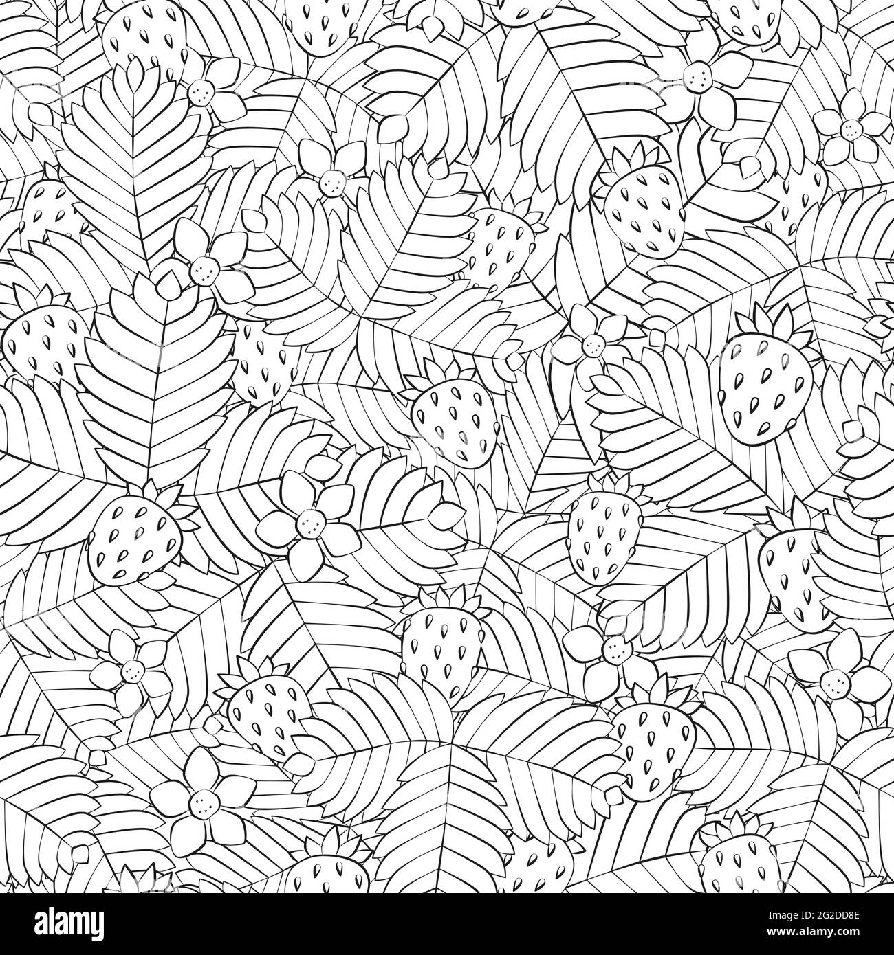 Seamless pattern with srrawberries and flowers in linear style. Hand drawn field of wild forest strawberry. Antistress coloring book. Vector Stock Vector