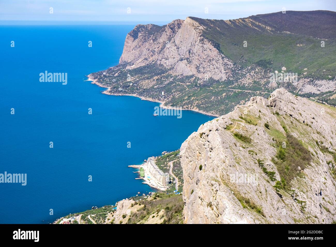 Panoramic view of blue sea, sky and mountains. Travel concept. Stock Photo