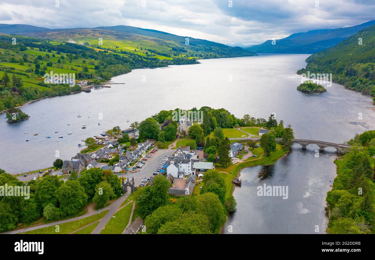 Aerial view of Kenmore village and Kenmore Bridge at Loch Tay in Perthshire, Scotland, Uk Stock
