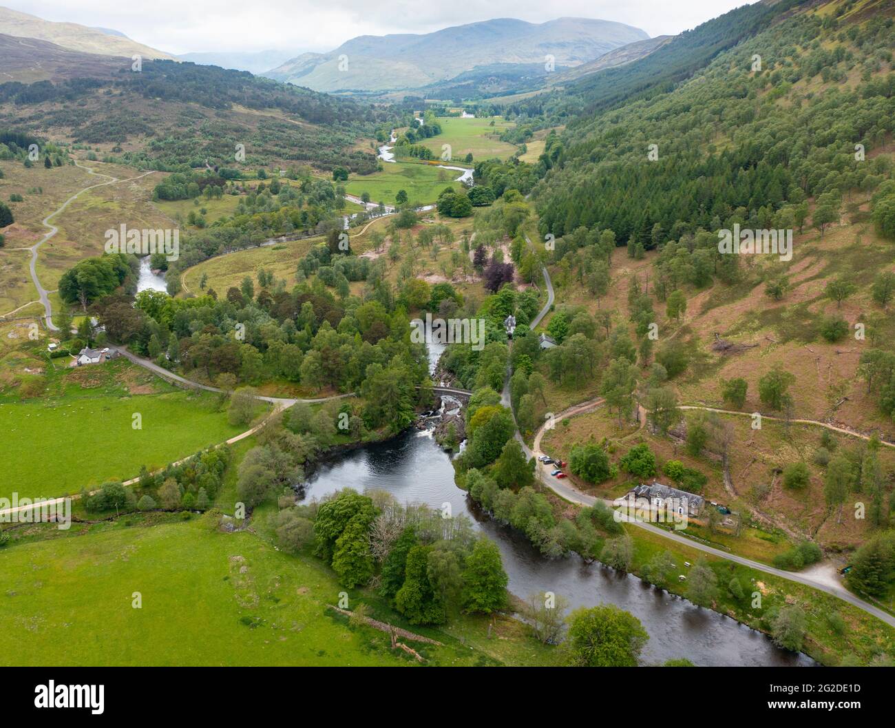 Aerial view form drone of landscape and River Lyon at Bridge of Balgie in Glen Lyon, Perthshire, Scotland, UK Stock Photo