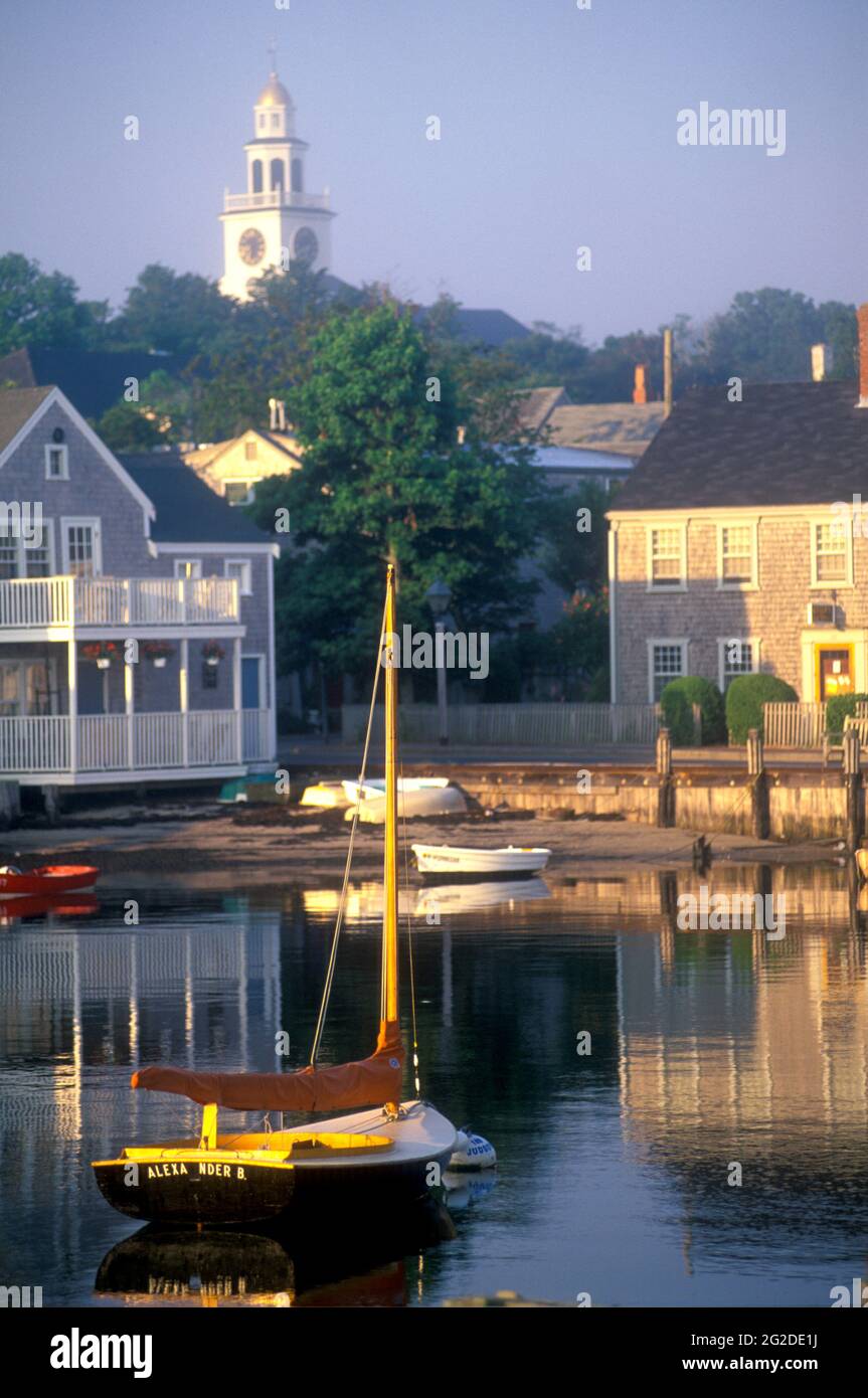Boats Moored in Nantucket Harbor with Town and Church in the Background, Nantucket Island, Massachusetts, USA Stock Photo