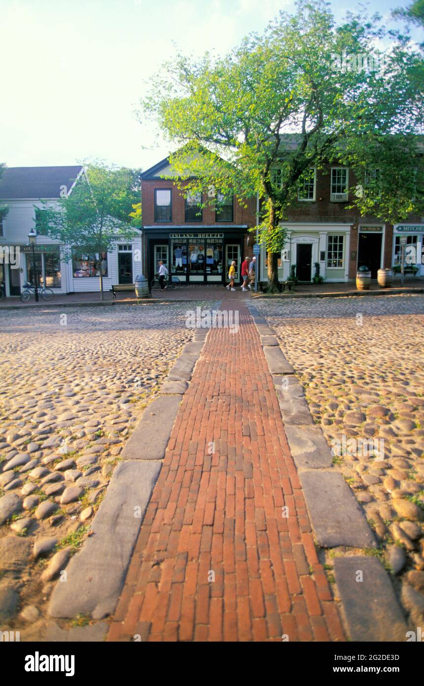 Brick Crosswalk on Cobblestone Street, Main Street, Nantucket, Nantucket Island, Massachusetts, USA Stock Photo