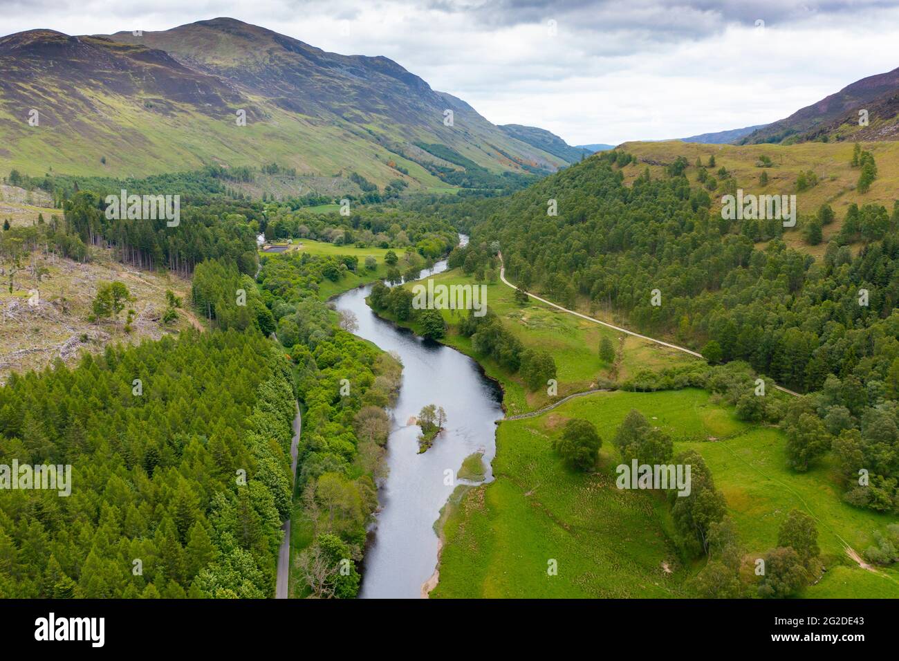Aerial view form drone of landscape and River Lyon in Glen Lyon, Perthshire, Scotland, UK Stock Photo
