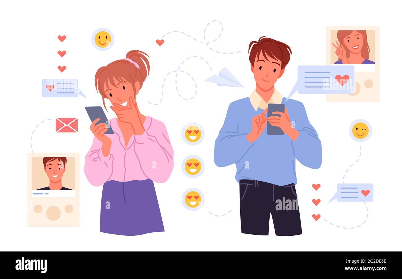 Couple people dating online, chatting in messenger using heart emoticons, holding phones Stock Vector