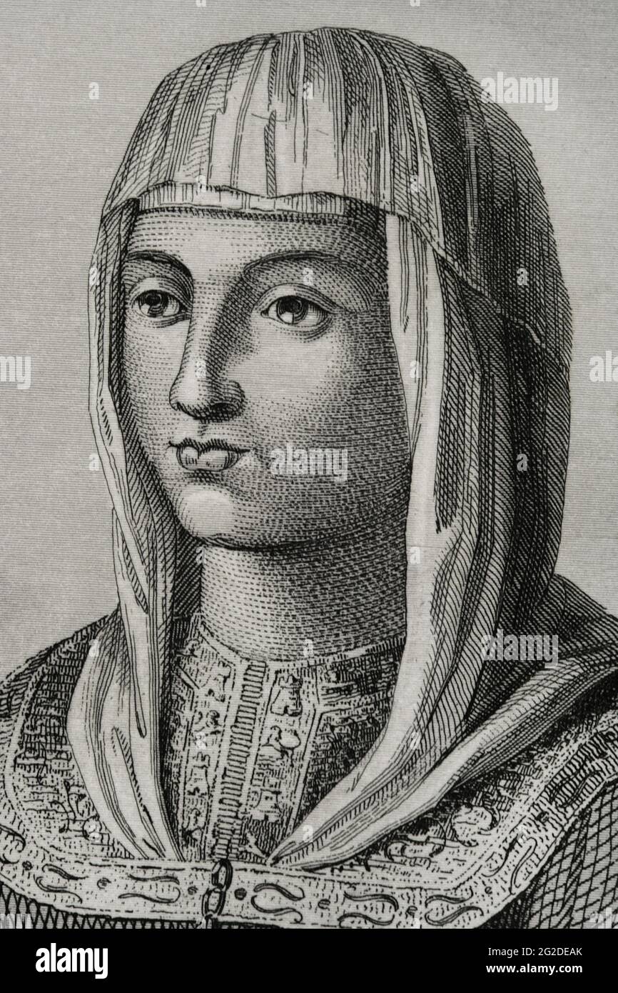 Joanna of Castile (known as Joanna the Mad) (1479-1555). Queen of Castile (1504-1555) and Aragon (from 1516), daughter of the Catholic Monarchs. Wife of Philip the Handsome. Portrait, detail. Engraving by Antonio Roca Sallent. Las Glorias Nacionales, 1853. Stock Photo