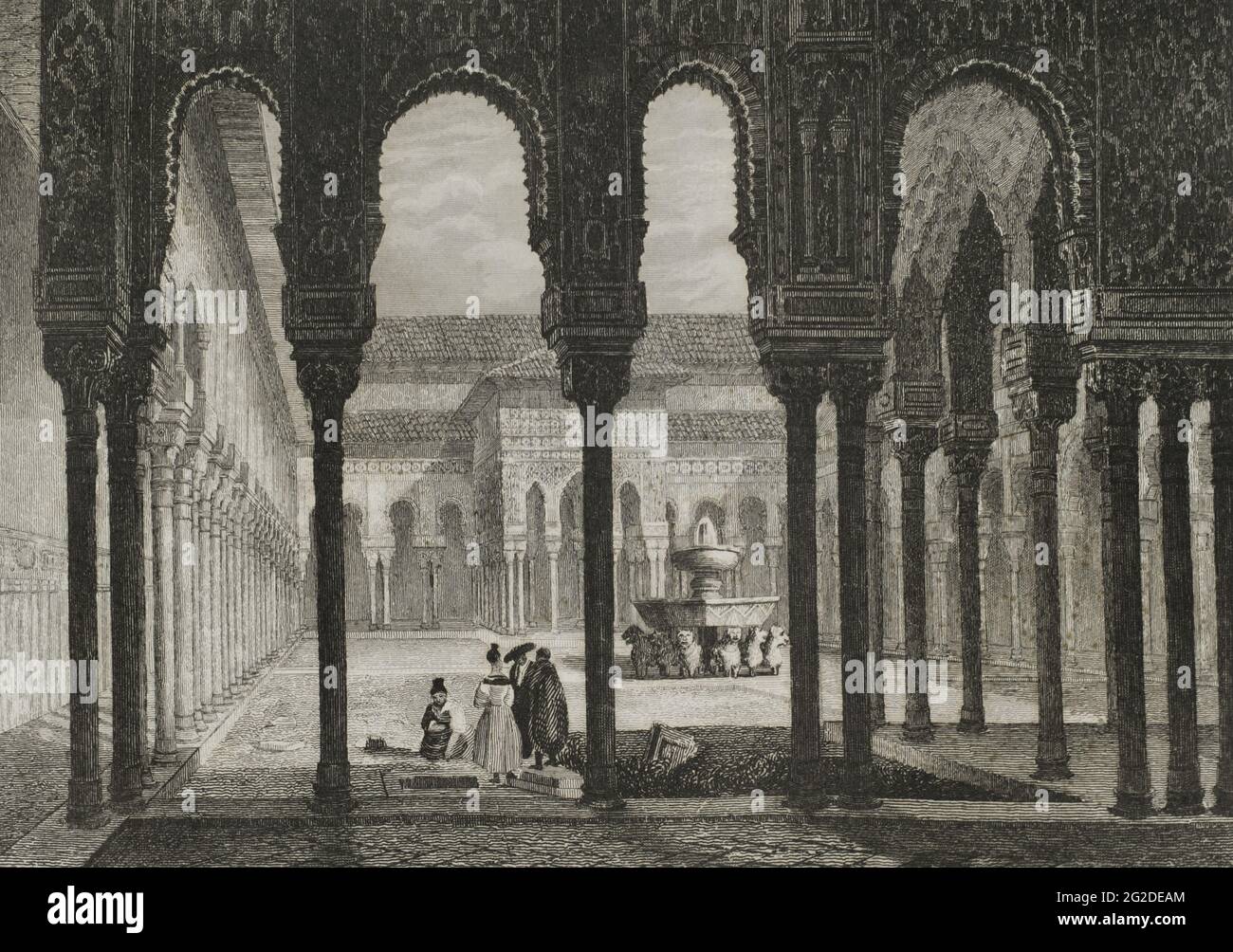 Spain, Andalusia, Granada. View of the Patio and Fountain of the Lions. Alhambra Palace. Engraving. Las Glorias Nacionales, 1853. Stock Photo