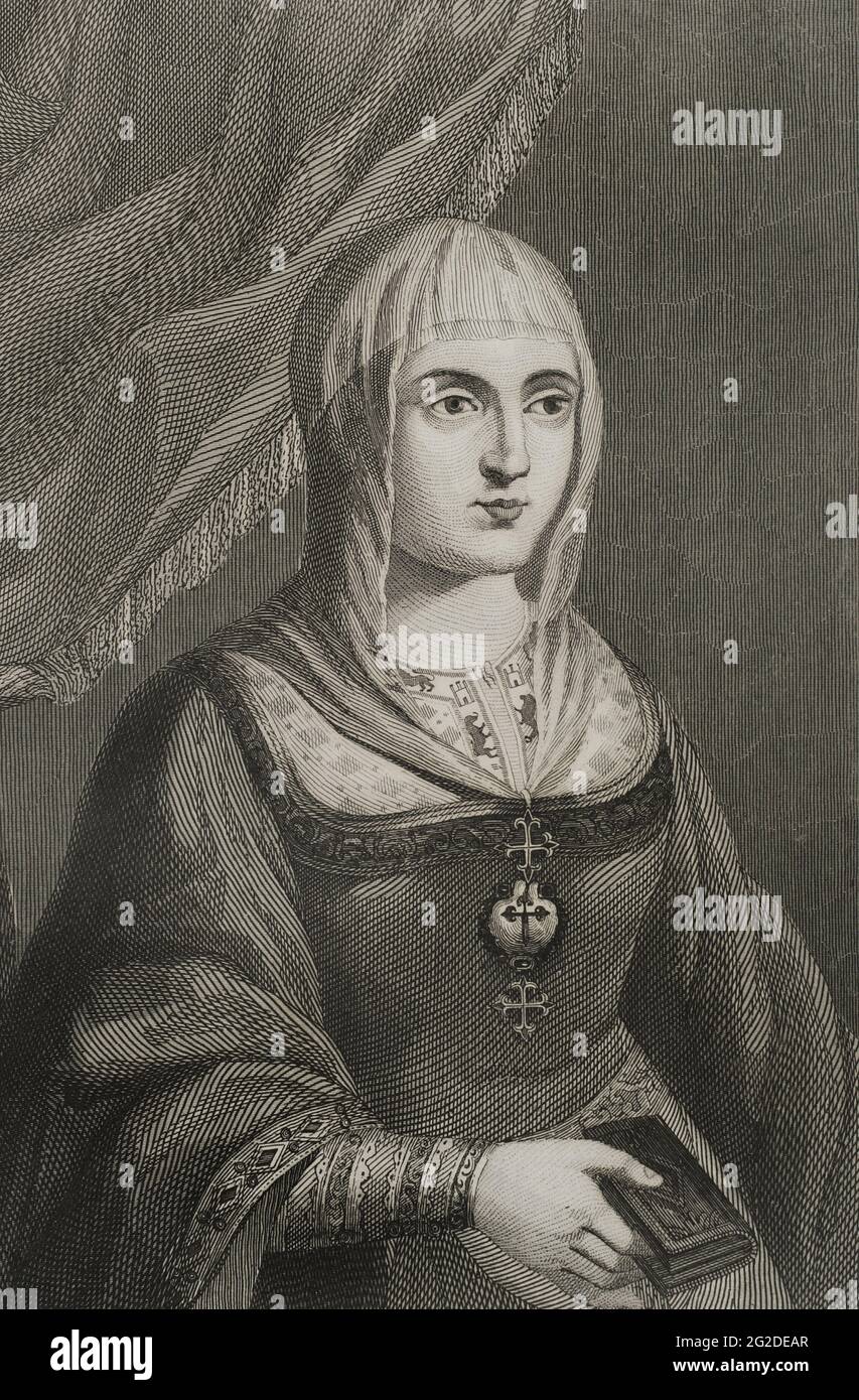 Isabella I (1451-1504). Queen of Castile (1474-1504). Queen consort of Aragon for her marriage to Ferdinand II of Aragon. Portrait. Engraving by Antonio Roca Sallent. Las Glorias Nacionales, 1853. Stock Photo