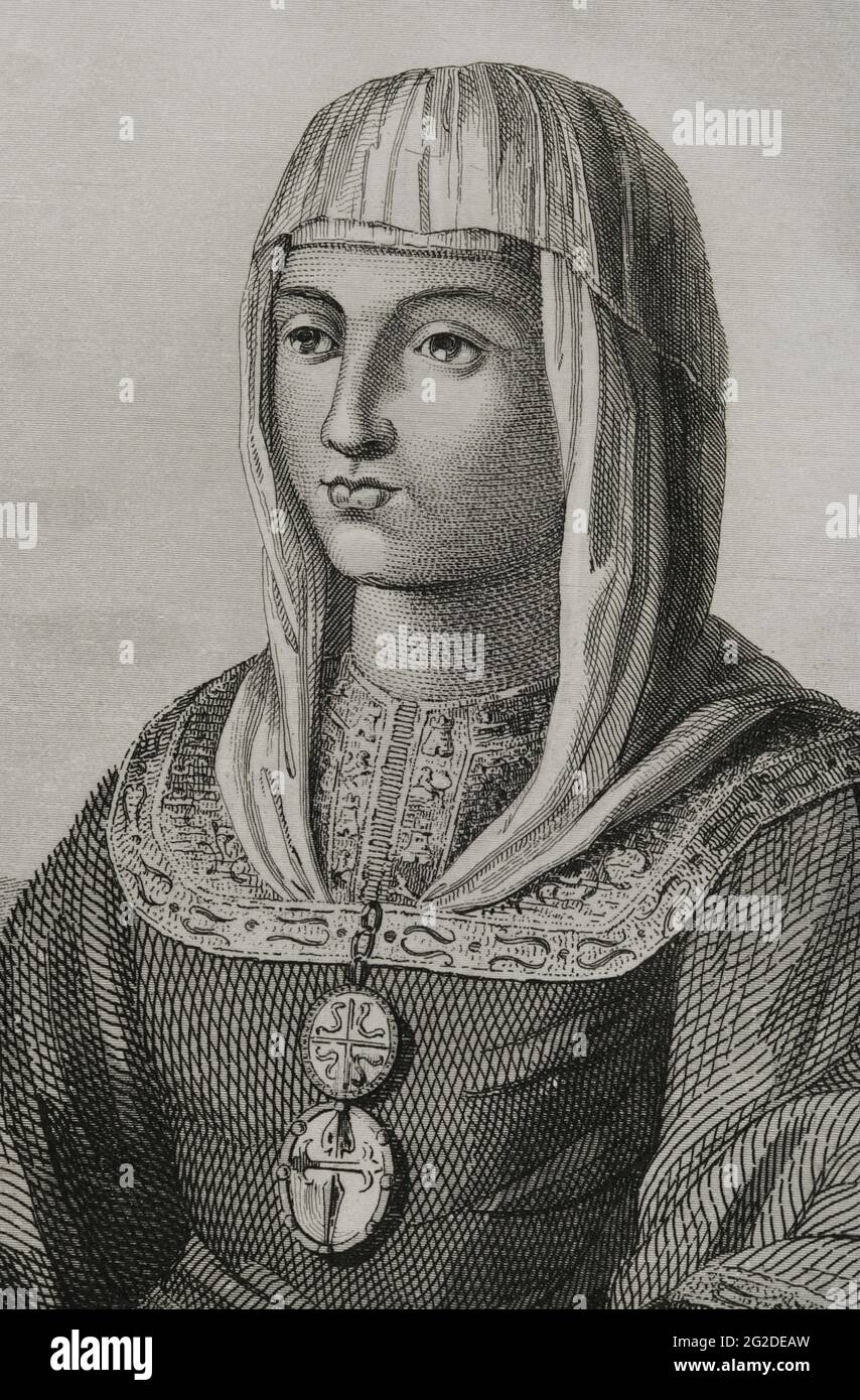 Joanna of Castile (known as Joanna the Mad) (1479-1555). Queen of Castile (1504-1555) and Aragon (since 1516), daughter of the Catholic Monarchs. Wife of Philip the Handsome. Portrait. Engraving by Antonio Roca Sallent. Las Glorias Nacionales, 1853. Stock Photo