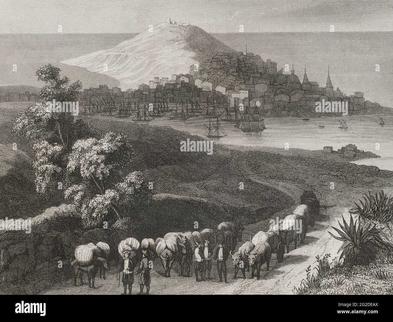 Spain, Galicia, La Coruña. General view of the city. Engraving. Las Glorias Nacionales, 1853. Stock Photo