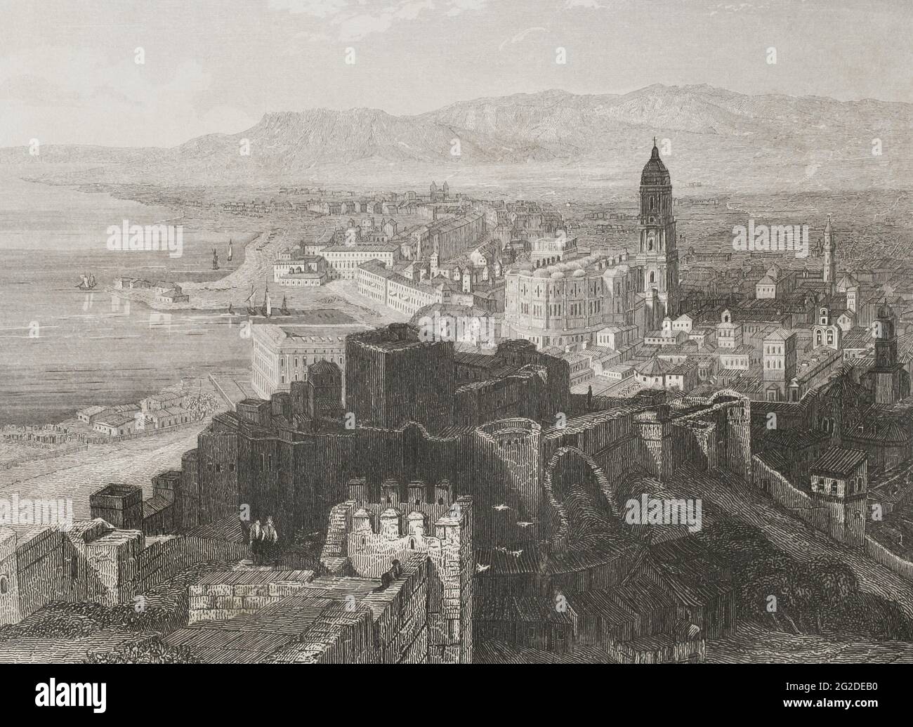 Spain, Andalusia, Málaga. Panoramic view of the city. Engraving. Las Glorias Nacionales, 1853. Stock Photo