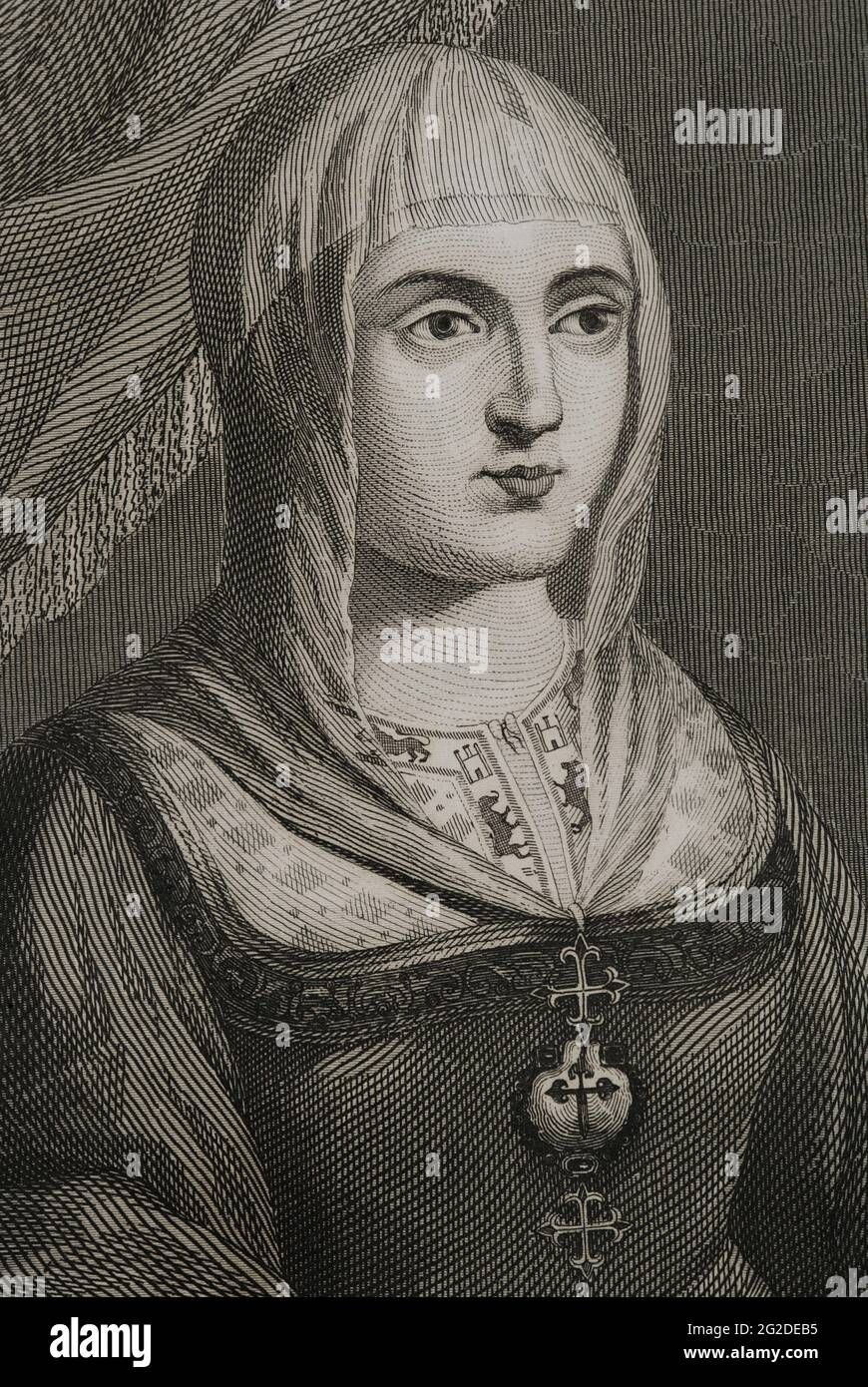 Isabella I (1451-1504). Queen of Castile (1474-1504). Queen consort of Aragon for her marriage to Ferdinand II of Aragon. Portrait, detail. Engraving by Antonio Roca Sallent. Las Glorias Nacionales, 1853. Stock Photo