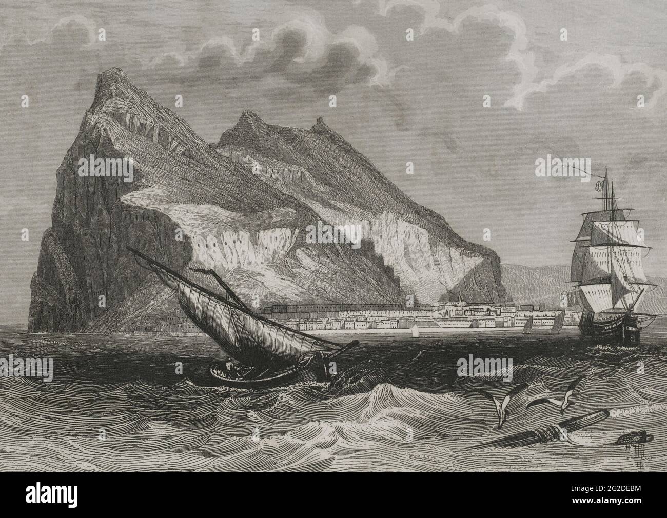 Gibraltar. General view. Engraving by Antonio Roca Sallent. Las Glorias Nacionales, 1853. Stock Photo