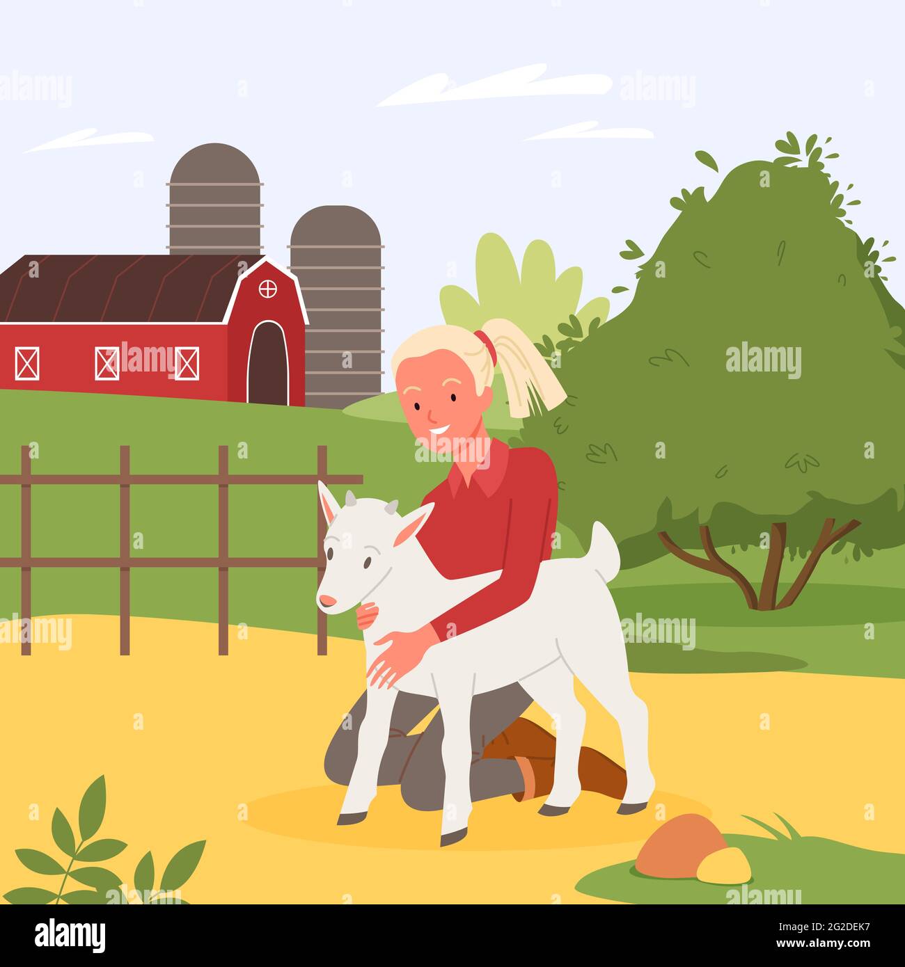 Kid and farm animal, summer holidays at village countryside, girl hugging cute baby goat Stock Vector