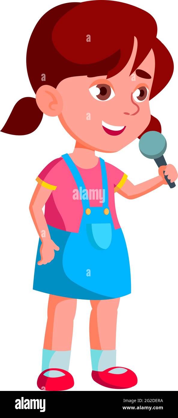 happy emotion little girl singing song in karaoke microphone cartoon