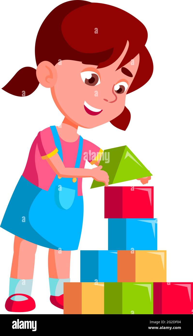 smiling girl kid building house with cubes toy in room cartoon vector ...