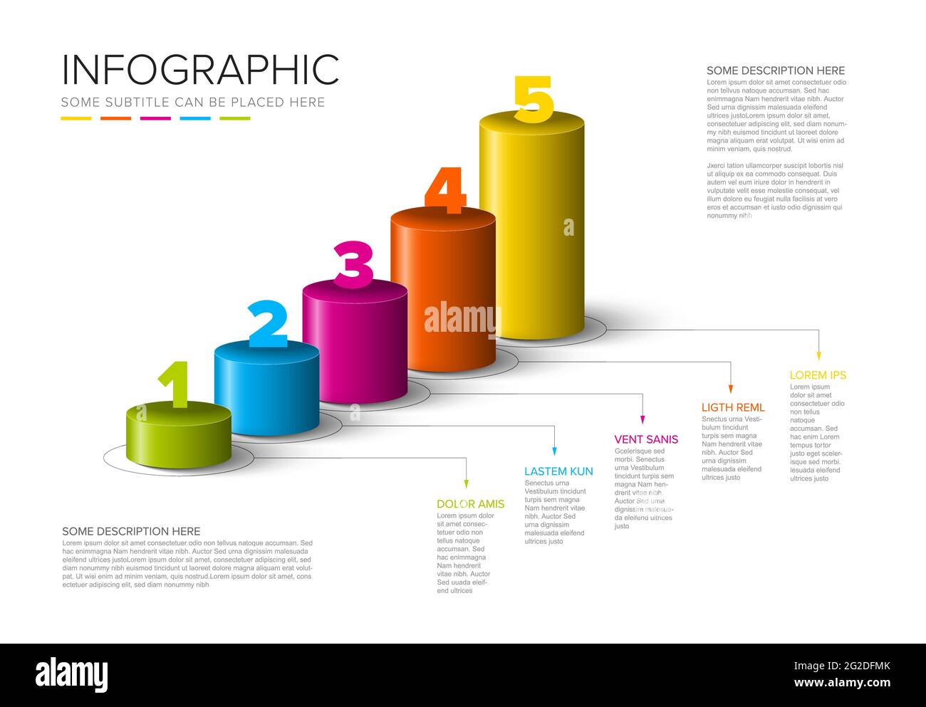 Vector light multipurpose Infographic template made from color diagonal cylinder steps growing levels stairs chart with numbers descriptions and legen Stock Vector