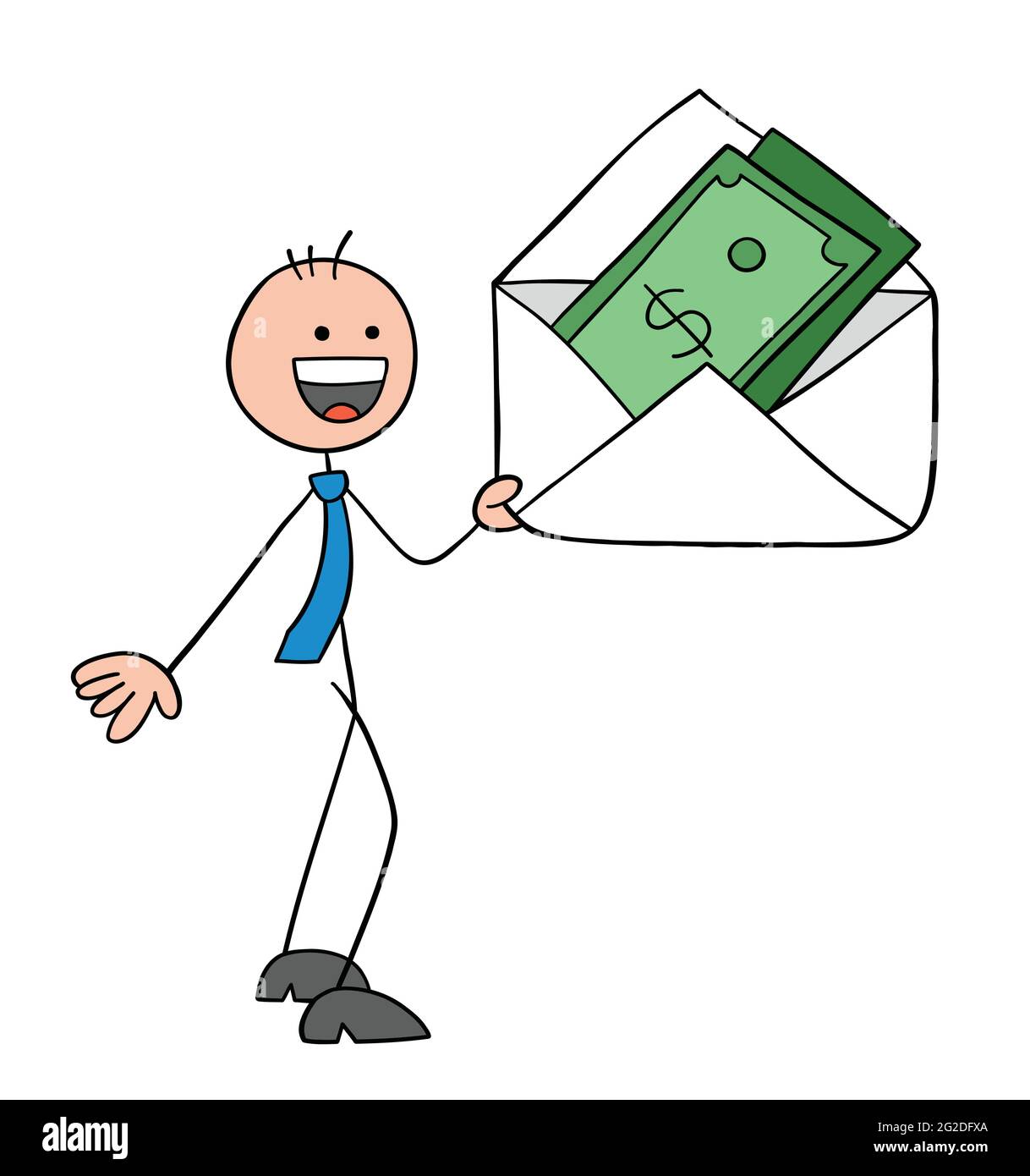 Stickman businessman character holding an envelope and there are moneys