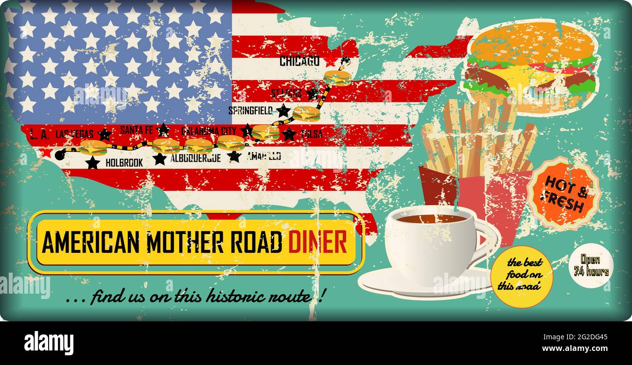 grungy route sixty six diner and fast food sign with road map, retro grungy vector illustration Stock Vector
