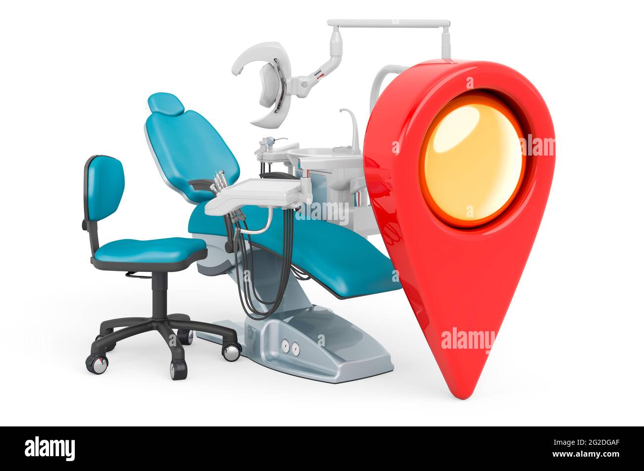 Dental clinic location concept. Map pointer with dental chair unit, 3D ...