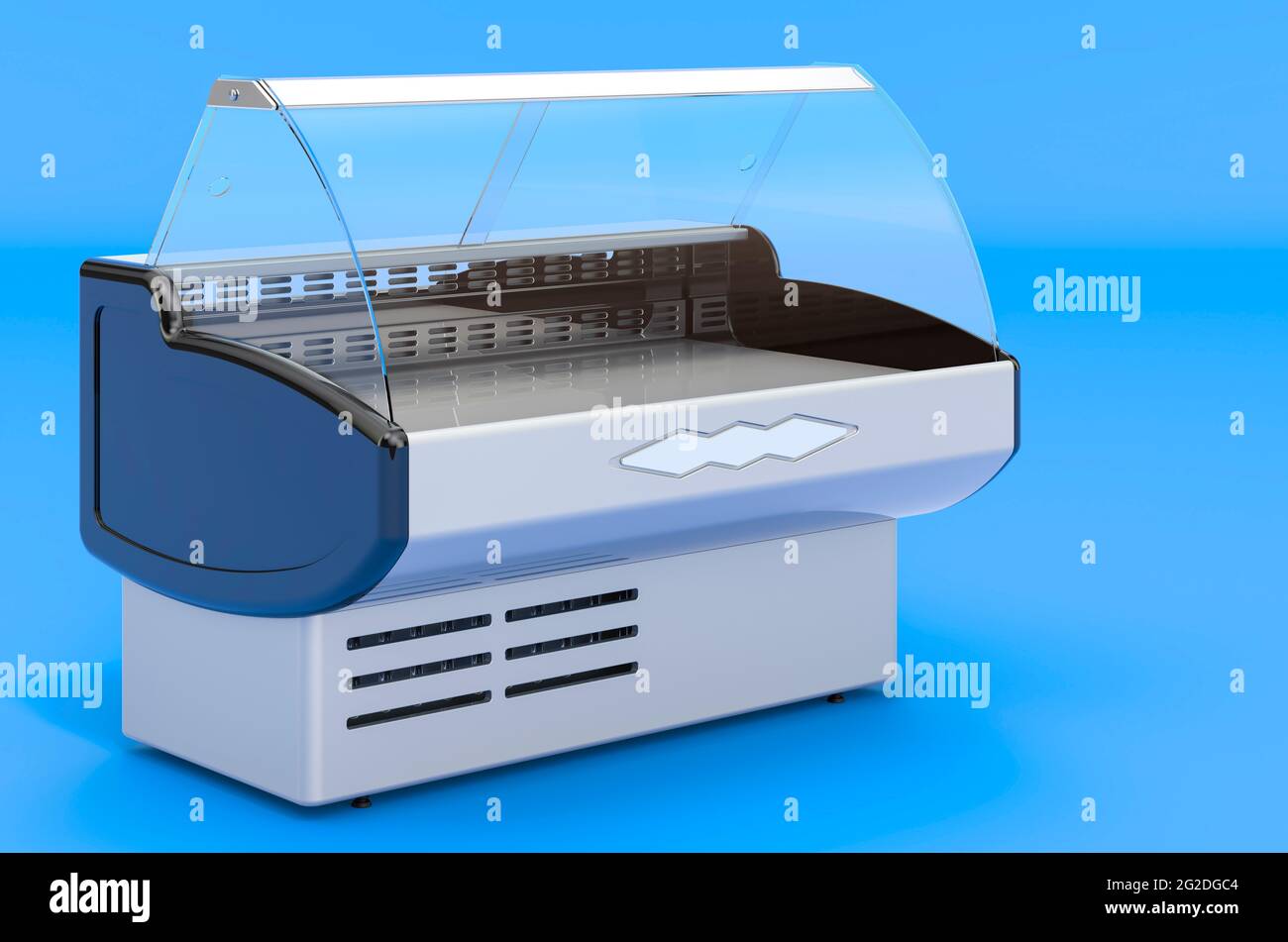 Refrigerated display case on blue background, 3D rendering Stock Photo ...
