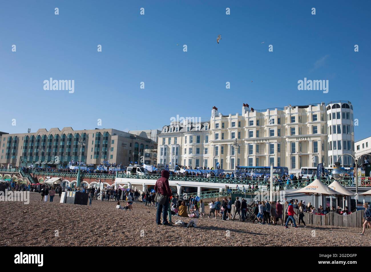 Brighton and Hove Albion tour buss procession along Brighton Seafront for their promotion to the Premiership Stock Photo