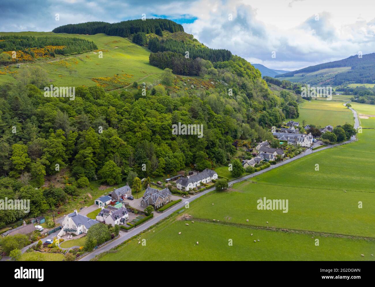 Aerial view of the historic village of  Fortingall in Glen Lyon, Perthshire, Scotland, UK Stock Photo