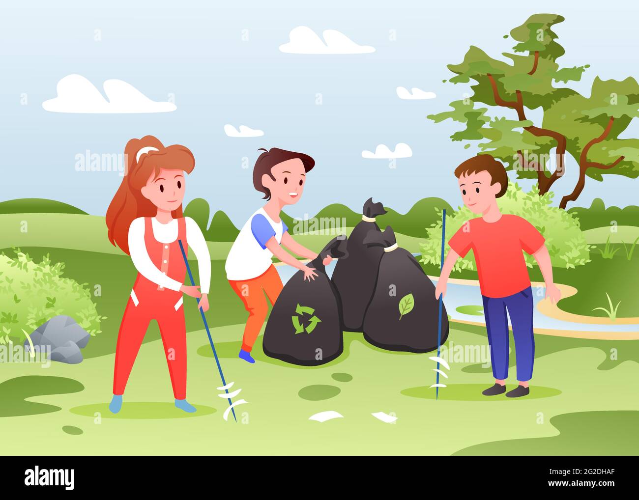 Kids collect garbage, group of boy and girl sort garbage, collecting waste in bags Stock Vector