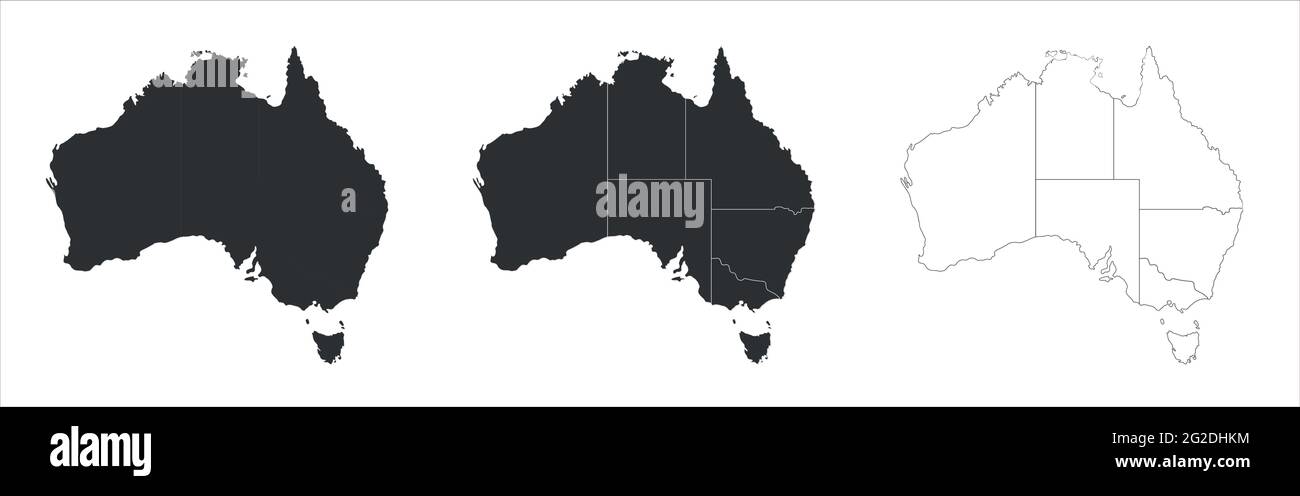 Australia maps set with states borders isolated on white. Grey coloured map set. Vector Stock Vector